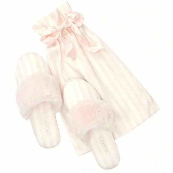 New Victoria's Secret Slippers Small 5 6 Pink White Stripe Satin Faux Fur NWT - Picture 2 of 14